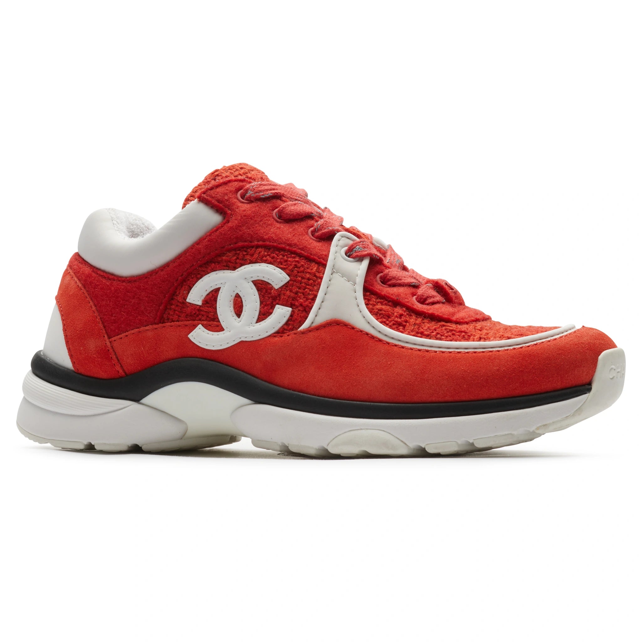 Front side view of Chanel CC Logo Suede Red Tweed Sneaker